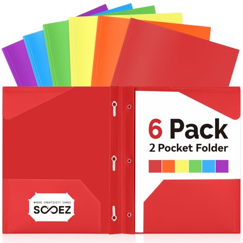 Minimalist Sooez Plastic Folders with Pockets and Prongs, 6 Pack Set