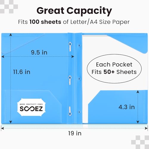 Minimalist Sooez Plastic Folders with Pockets and Prongs, 6 Pack Set